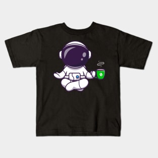 Astronaut Yoga With Coffee Cartoon Kids T-Shirt